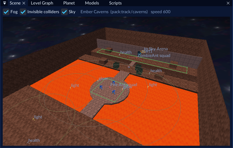 Ember Caverns: an orange lava lake with a stone causeway and plaza
