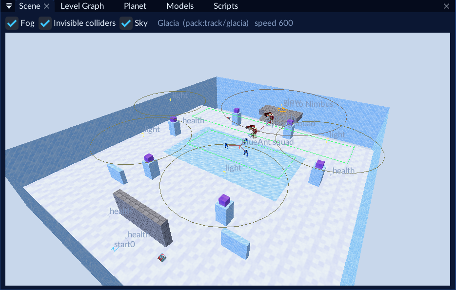 Glacia: a snow field with a frozen lake, ice pillars and walls