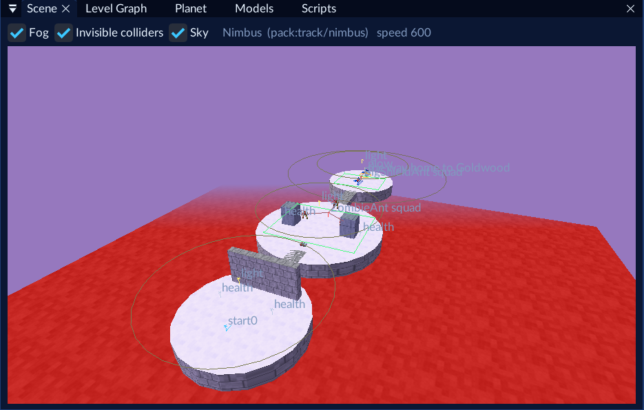 Nimbus: three round islands over a red kill floor joined by bridges