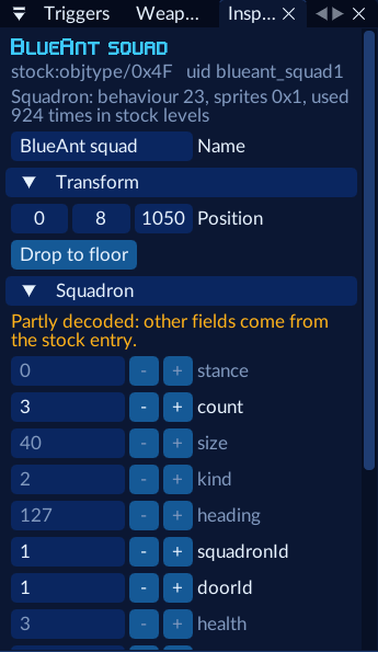 The Inspector for a squadron: name, position, Drop to floor, and its fields