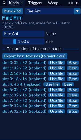 The Kinds window for Fire Ant: base BlueAnt, size 1.00, ten replaced texture slots
