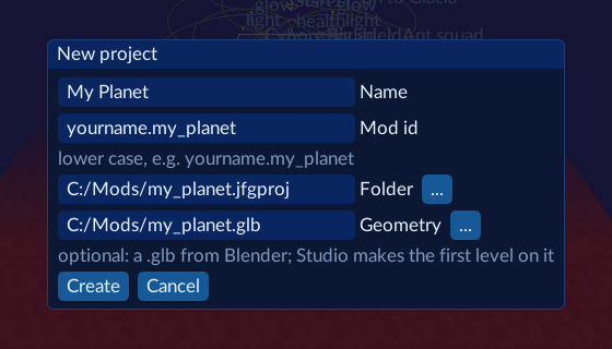 The New project dialog with Name, Mod id, Folder and Geometry fields