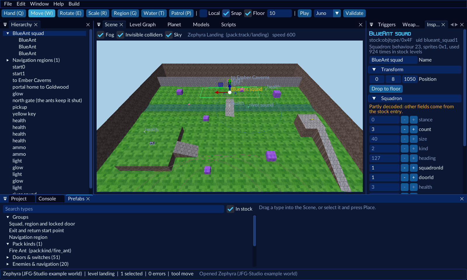 JFG-Studio with the Zephyra example open: the Hierarchy on the left, Zephyra Landing in the Scene, the Inspector on the right and the Prefabs at the bottom