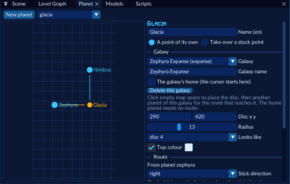 The Planet window showing the Zephyra Expanse with Zephyra, Glacia and Nimbus