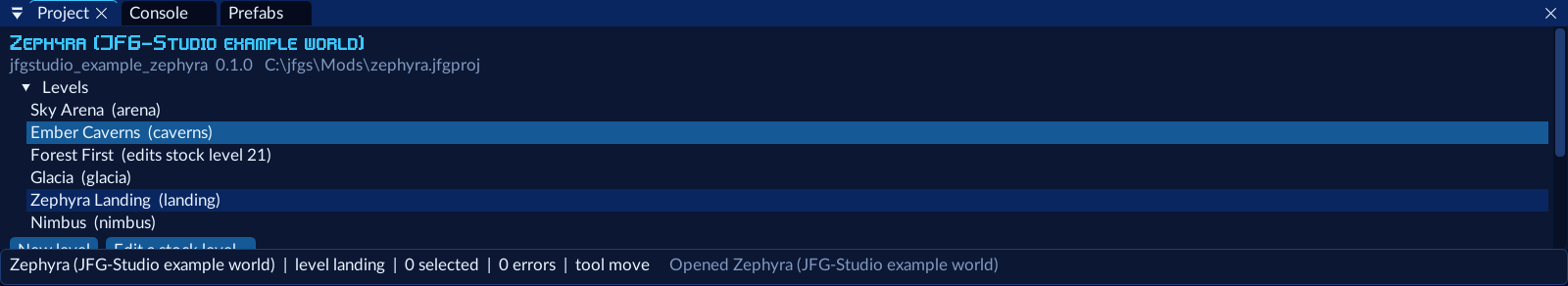 The Project window: levels, planets, geometry, dependencies