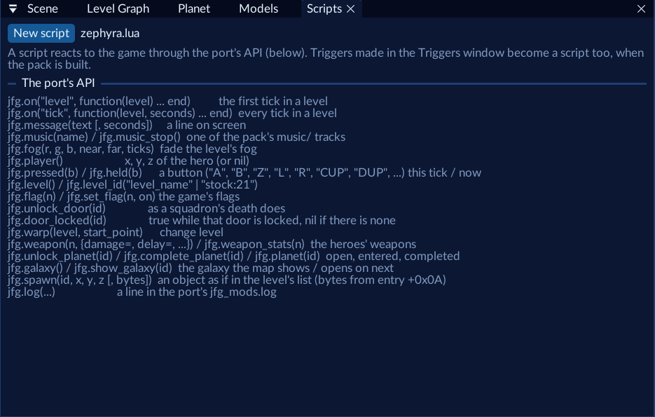 The Scripts window with zephyra.lua and the port's API reference below it