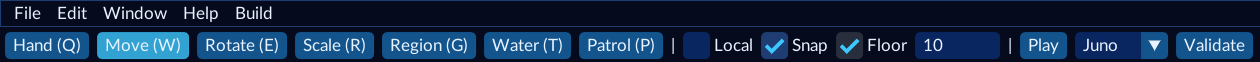 The toolbar: Hand, Move, Rotate, Scale, Region, Water, Patrol, Local, Snap, Floor, grid size, Play, hero, Validate