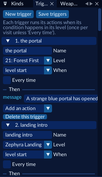The Triggers window: the portal trigger and the landing intro