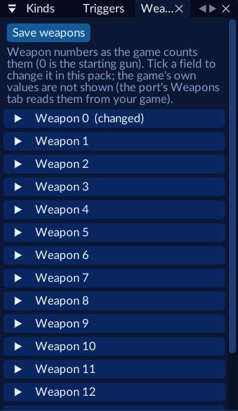 The Weapons window: Weapon 0 marked changed, other weapons collapsed